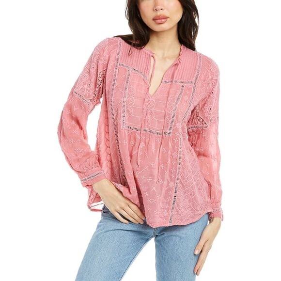 NWOT JOHNNY WAS Top XS Pink EmbroideryCrochet Balloon-Long-Slev”Gallerie Sabine